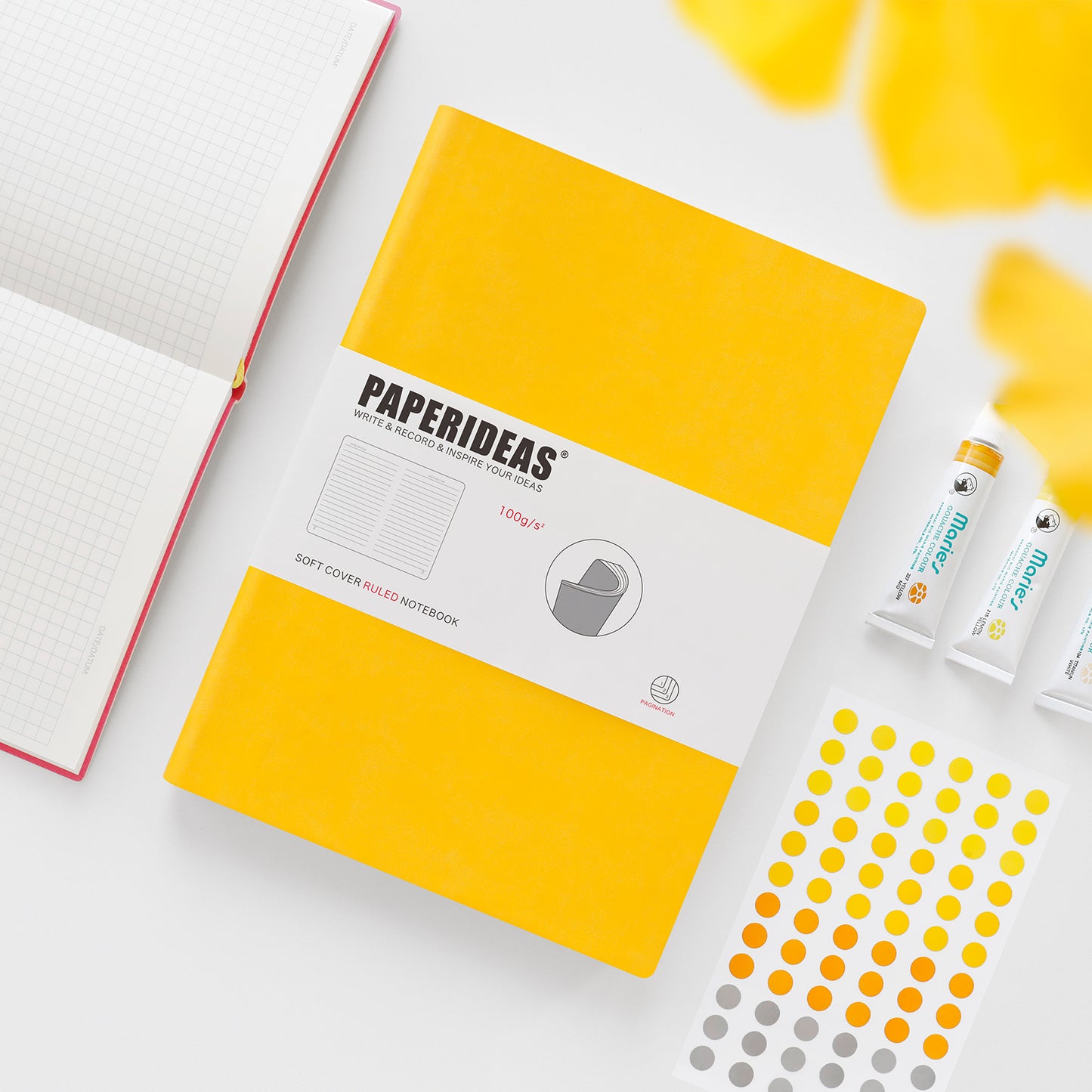 PAPERIDEAS Notebook B5 size (17.2cm wide x 24.6cm long) Leather soft cover All pages numbered Ruled, Squared, Dotted