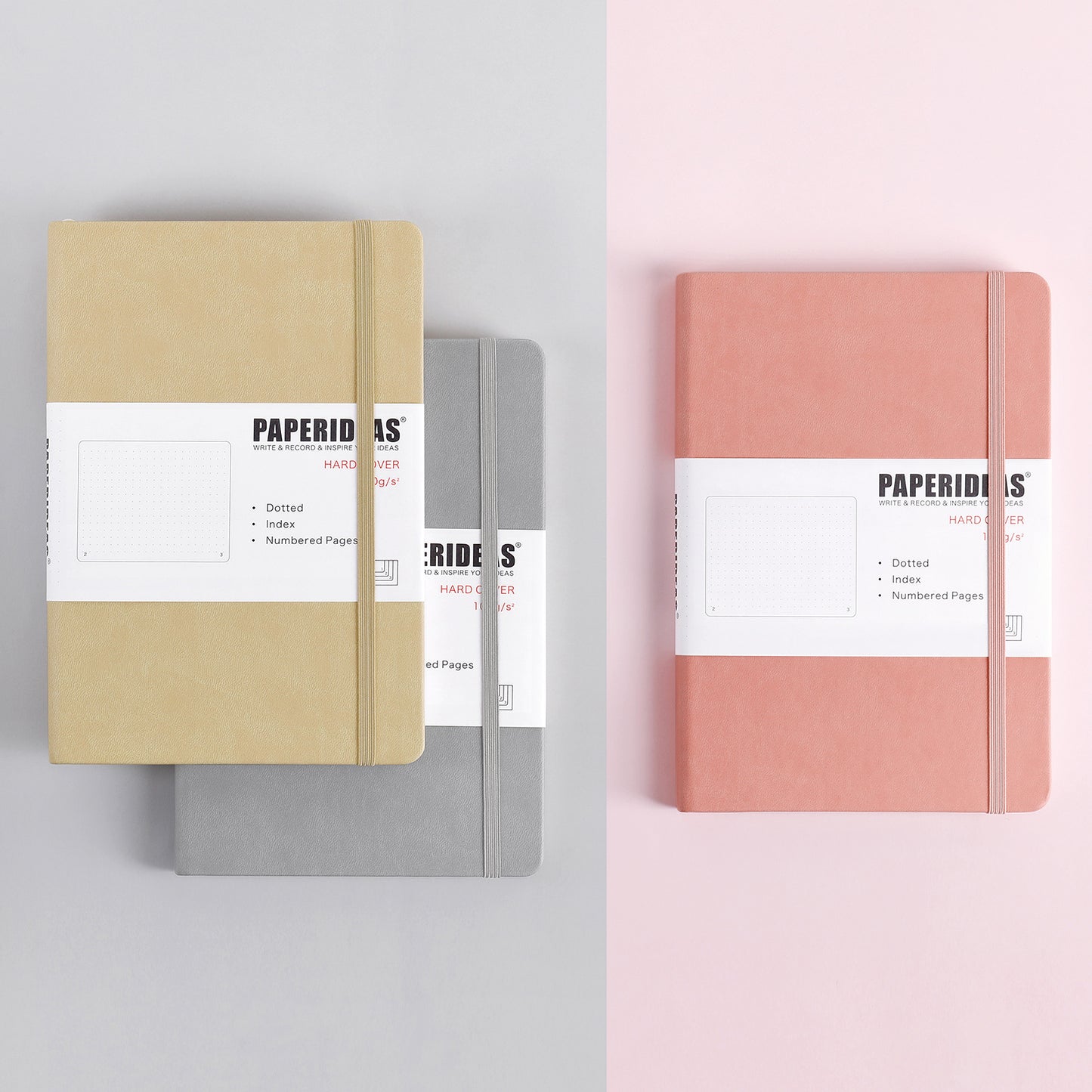 PAPERIDEAS Notebook, hard cover, A5 size (14.3 x 21 cm), Ruled, Squared, and Dotted Pages, with elastic band