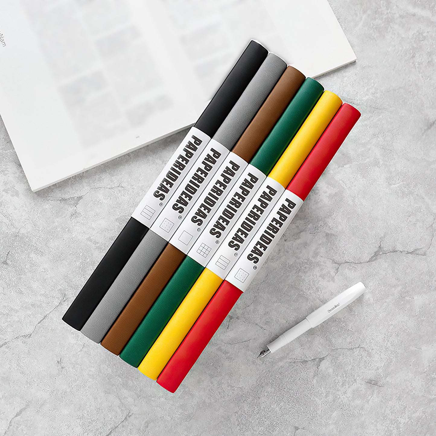 PAPERIDEAS Notebook B5 size (17.2cm wide x 24.6cm long) Leather soft cover All pages numbered Ruled, Squared, Dotted