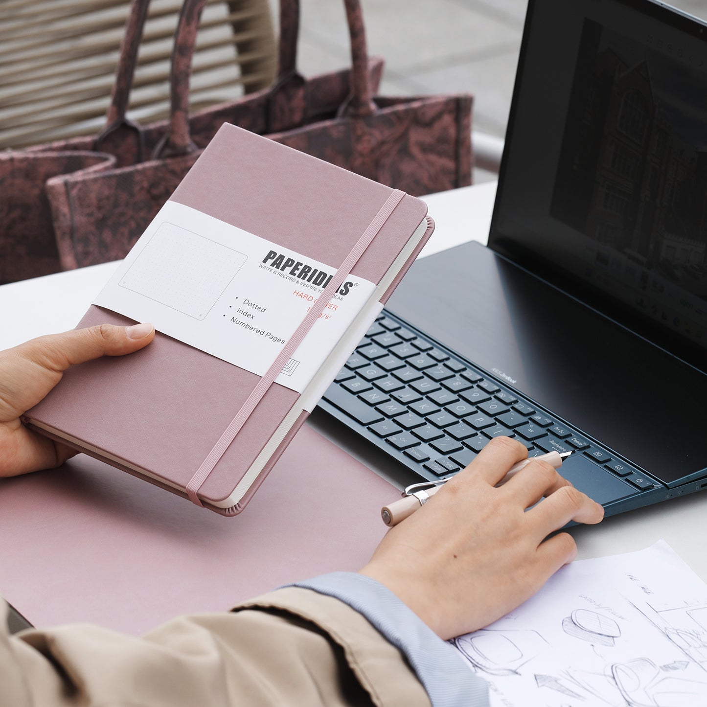 PAPERIDEAS Notebook, hard cover, A5 size (14.3 x 21 cm), Ruled, Squared, and Dotted Pages, with elastic band