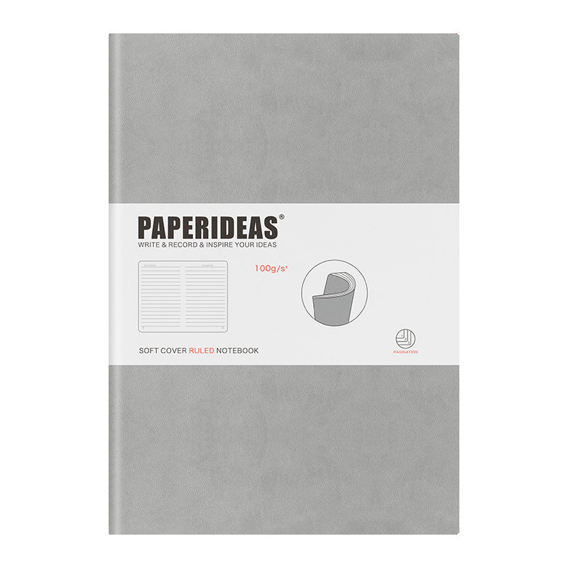 PAPERIDEAS Notebook B5 size (17.2cm wide x 24.6cm long) Leather soft cover All pages numbered Ruled, Squared, Dotted