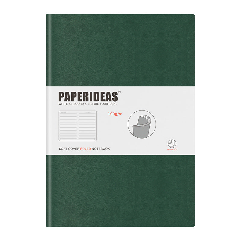 PAPERIDEAS Notebook B5 size (17.2cm wide x 24.6cm long) Leather soft cover All pages numbered Ruled, Squared, Dotted