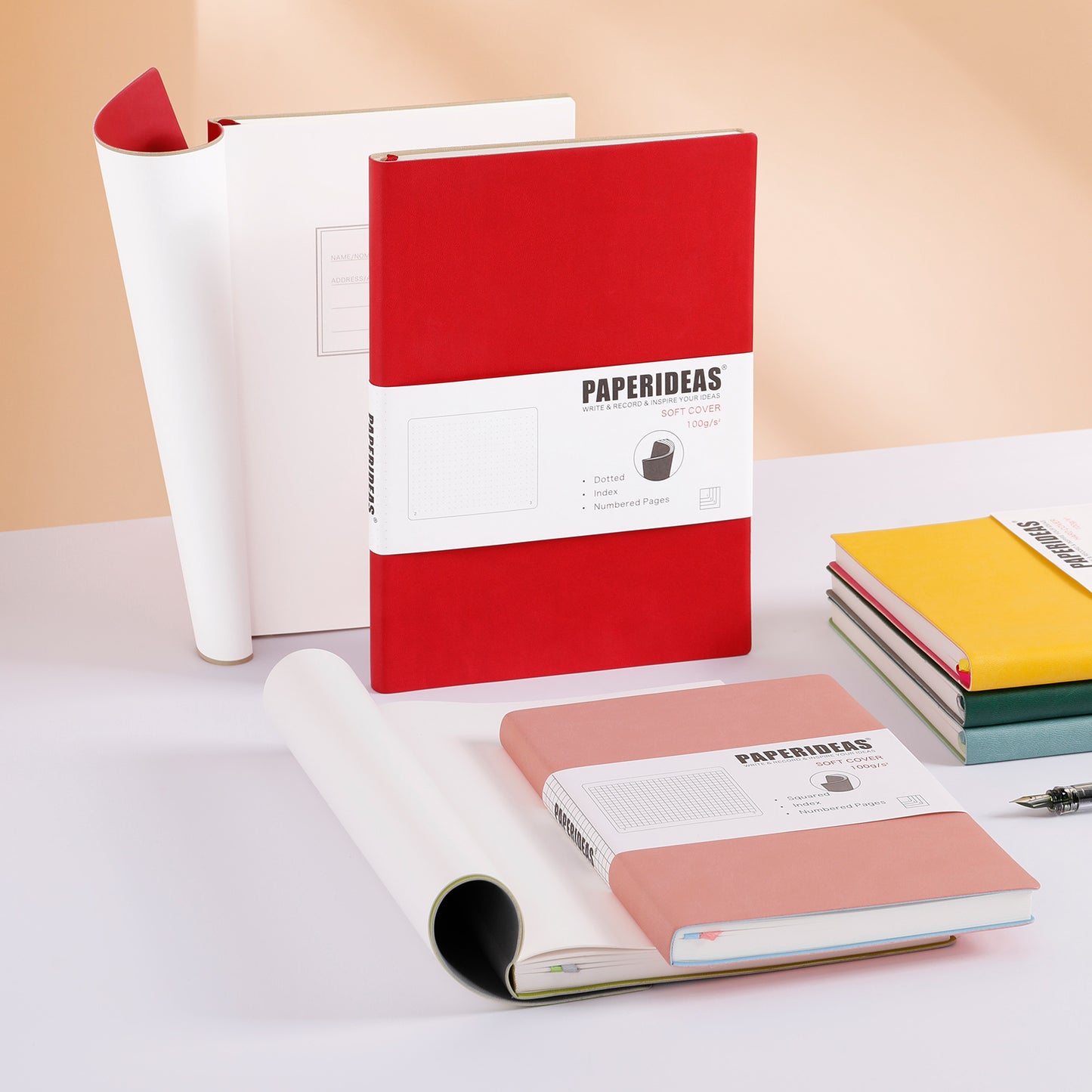 PAPERIDEAS Notebook B5 size (17.2cm wide x 24.6cm long) Leather soft cover All pages numbered Ruled, Squared, Dotted