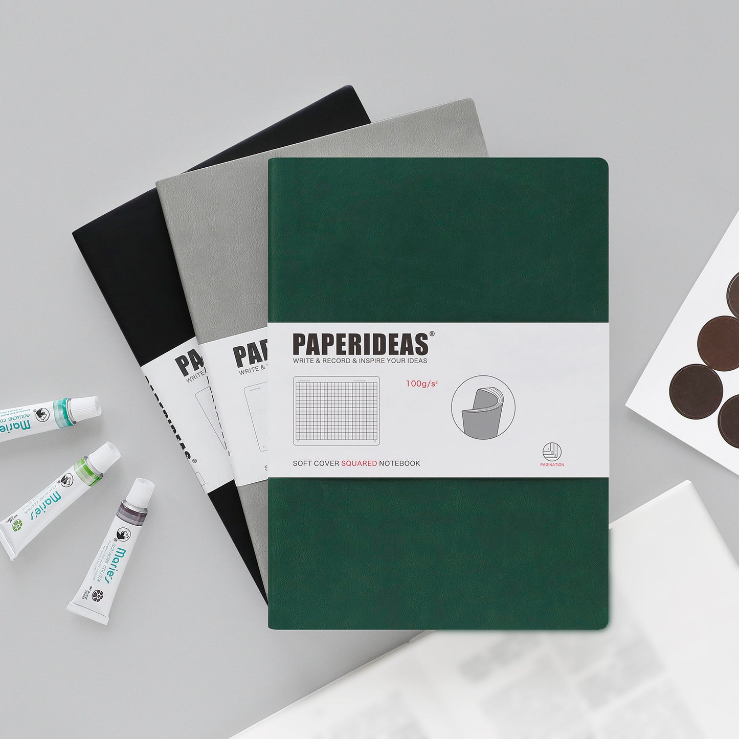 PAPERIDEAS Notebook B5 size (17.2cm wide x 24.6cm long) Leather soft cover All pages numbered Ruled, Squared, Dotted
