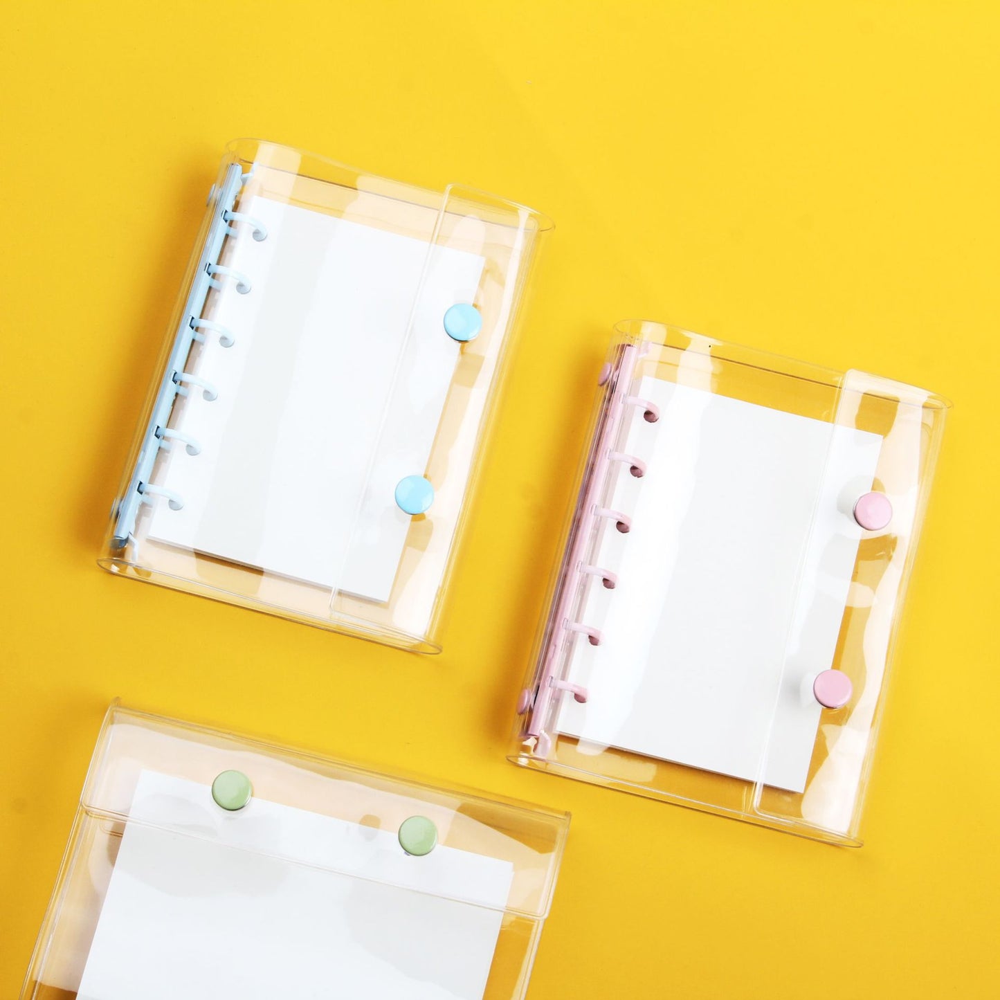 透明 シール帳 A7サイズ ダブルボタン PVCカバー カラフルリング 6穴 ミニ手帳 ノート 学生用 メモ 推し活 コラージュにも