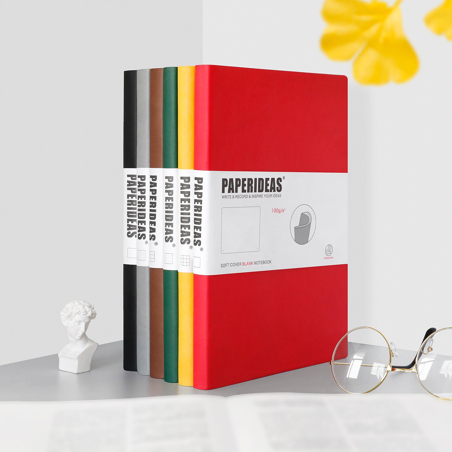 PAPERIDEAS Notebook B5 size (17.2cm wide x 24.6cm long) Leather soft cover All pages numbered Ruled, Squared, Dotted