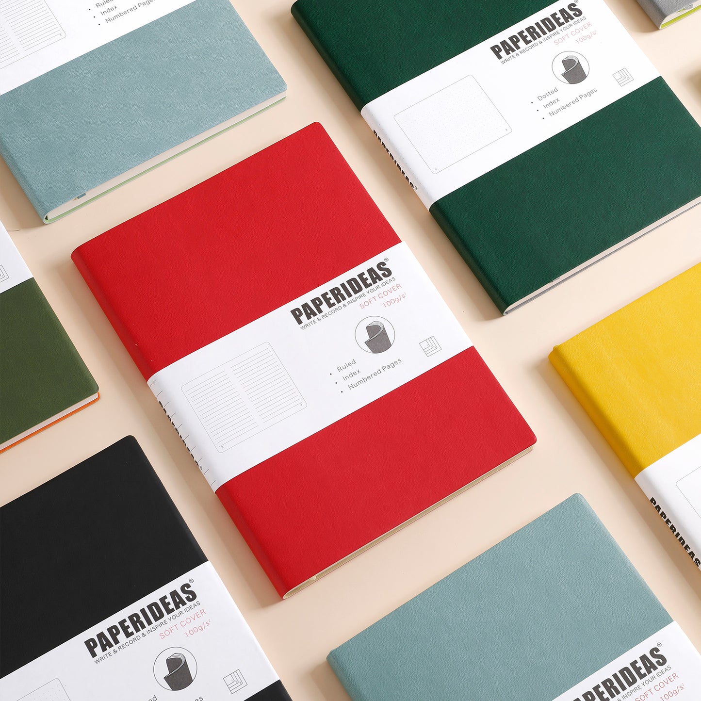PAPERIDEAS Notebook B5 size (17.2cm wide x 24.6cm long) Leather soft cover All pages numbered Ruled, Squared, Dotted