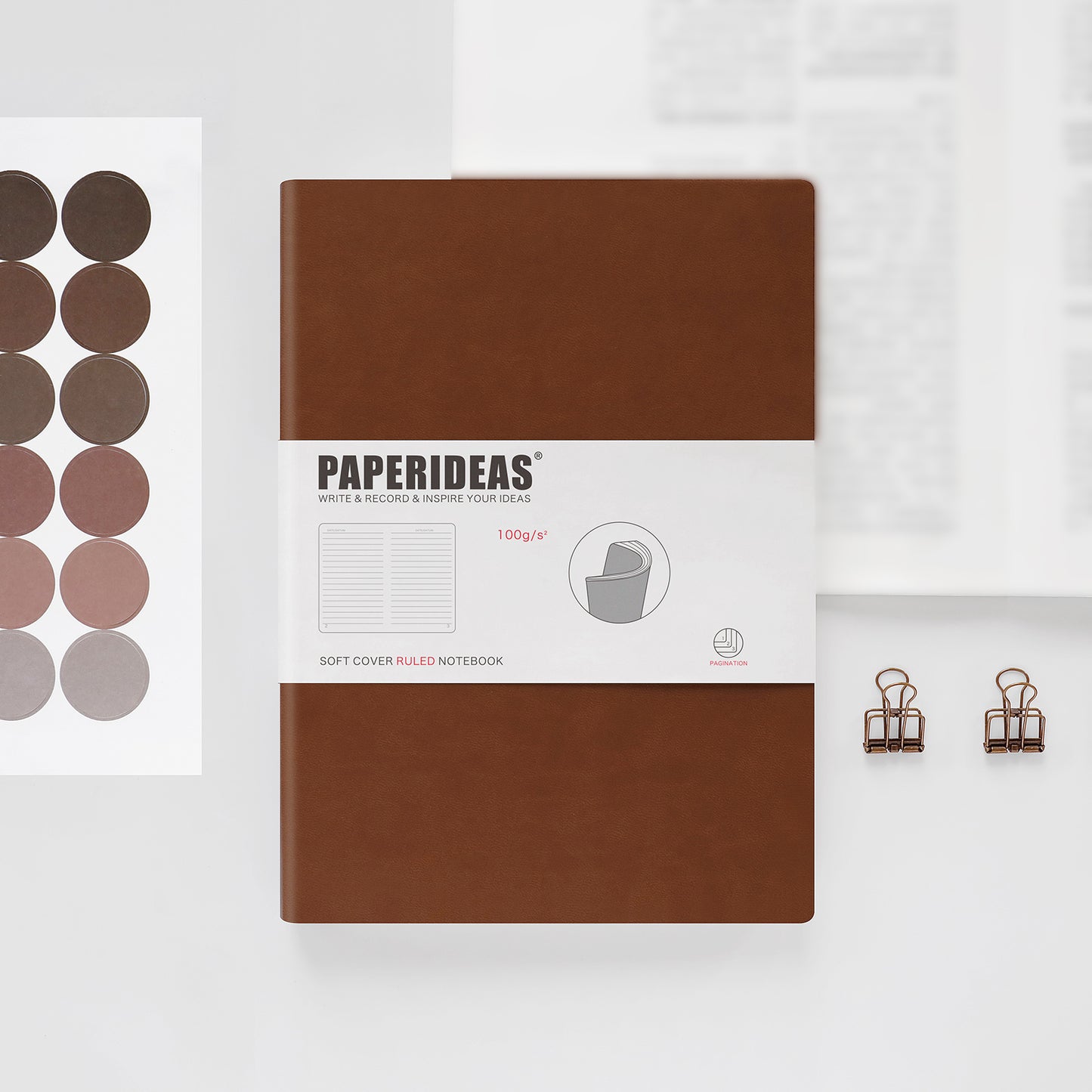 PAPERIDEAS Notebook B5 size (17.2cm wide x 24.6cm long) Leather soft cover All pages numbered Ruled, Squared, Dotted