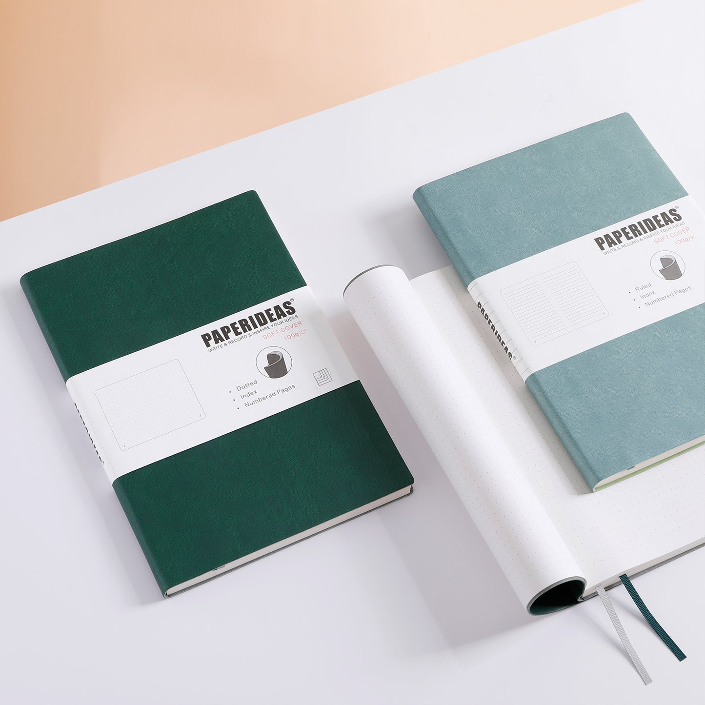 PAPERIDEAS Notebook B5 size (17.2cm wide x 24.6cm long) Leather soft cover All pages numbered Ruled, Squared, Dotted