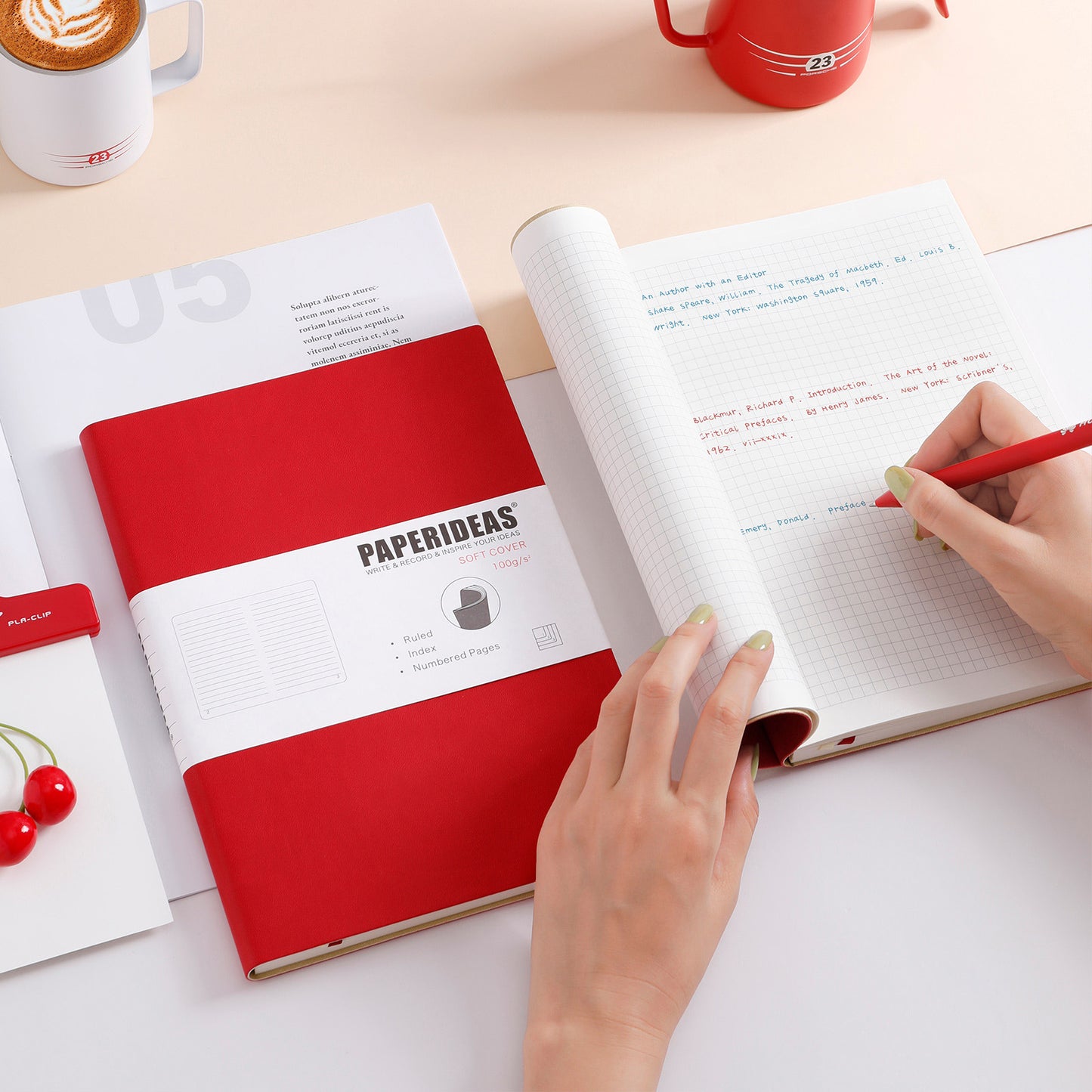 PAPERIDEAS Notebook B5 size (17.2cm wide x 24.6cm long) Leather soft cover All pages numbered Ruled, Squared, Dotted