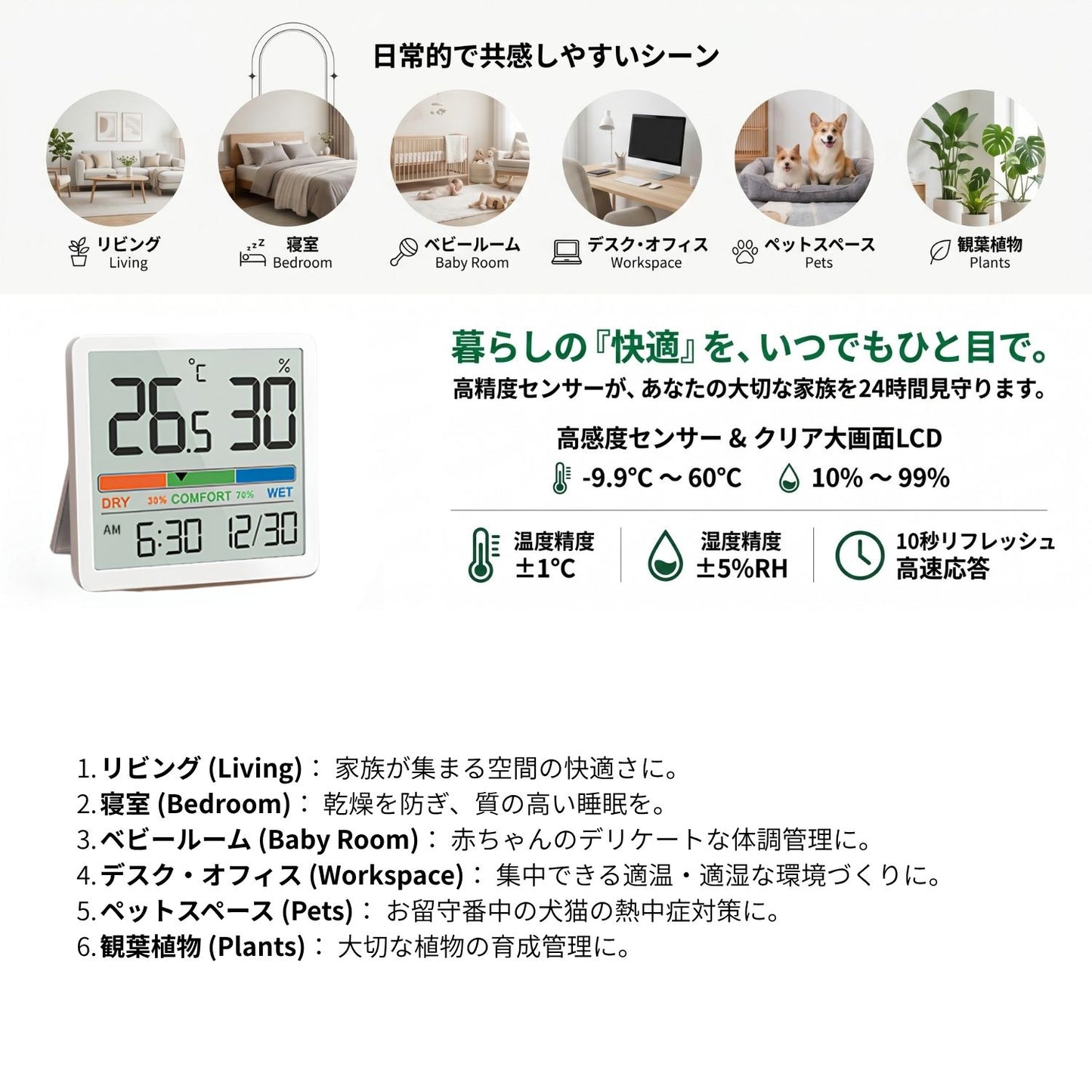 K&Z デジタル温湿度計 3WAY設置 快適度表示・時計付き ホワイト