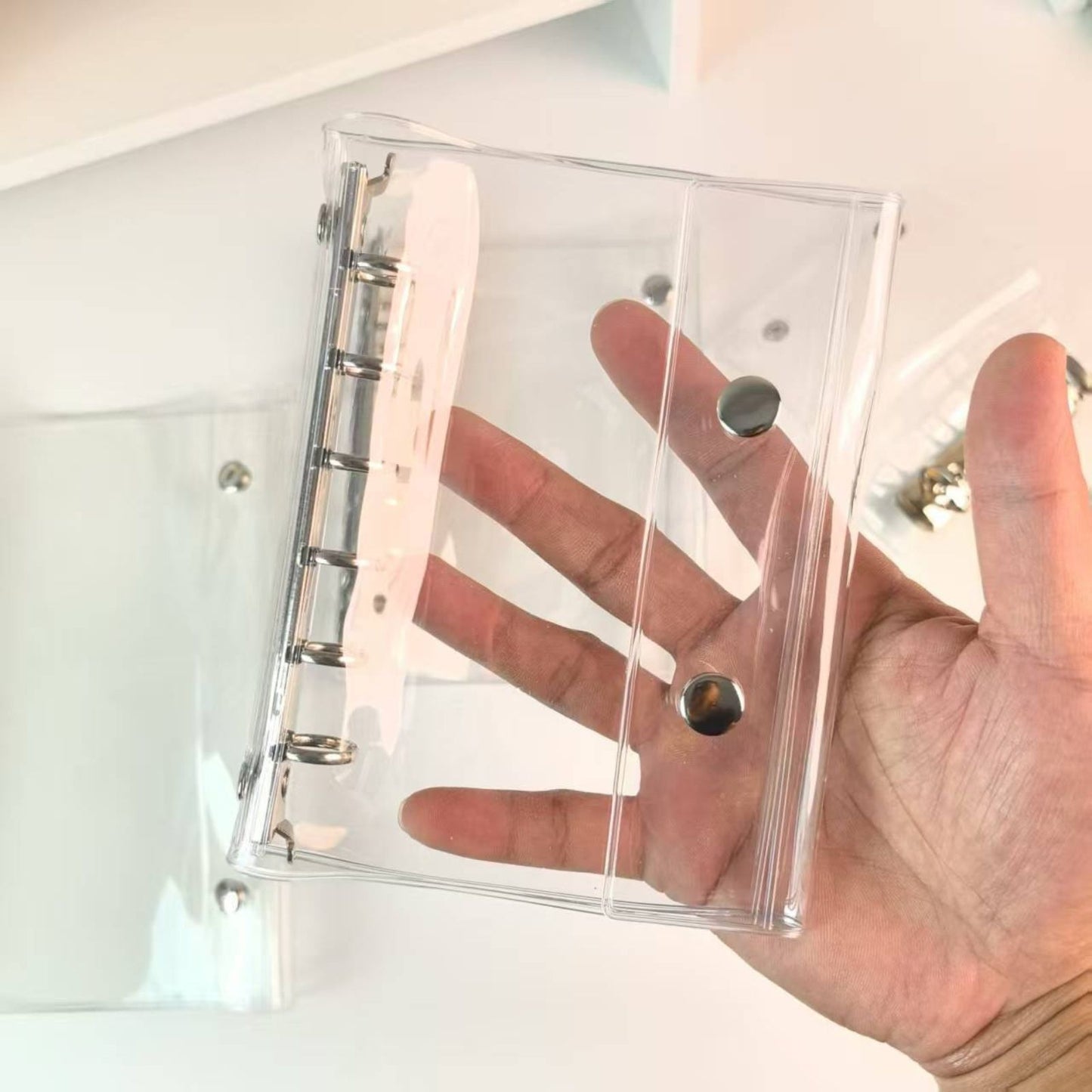 透明 シール帳 A7サイズ ダブルボタン PVCカバー カラフルリング 6穴 ミニ手帳 ノート 学生用 メモ 推し活 コラージュにも