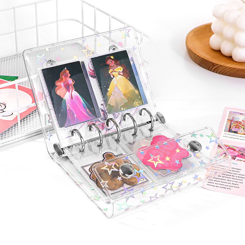 シール帳 M5サイズ クリアバインダー ダブルボタン仕様 星柄ホログラム カラフルスター 透明PVCカバー ミニ手帳 シール収納 推し活グッズ かわいい文房具