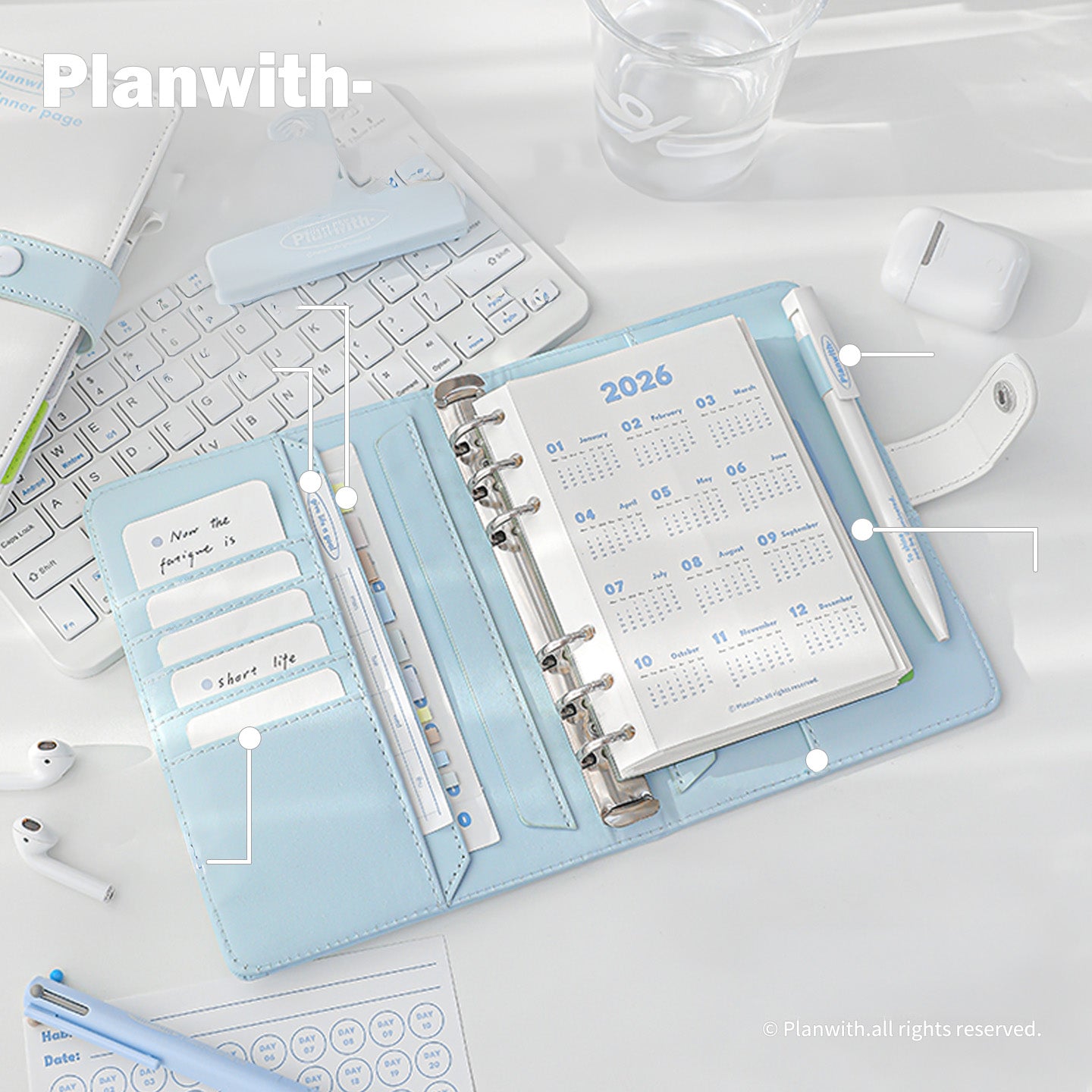 【新発売】Planwith 2026年 蛇腹式手帳 6穴バインダー式 くすみカラー PUレザーカバー付き 半年分プランナー 折りたたみスケジュール帳 おしゃれ シンプル 可愛い 便利 A6サイズ風 ホワイト グリーン ブルー