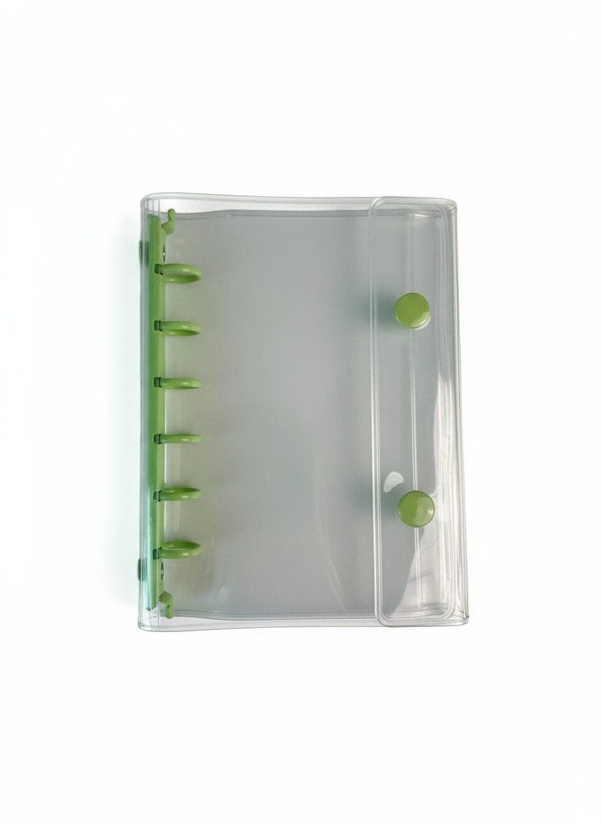 透明 シール帳 A7サイズ ダブルボタン PVCカバー カラフルリング 6穴 ミニ手帳 ノート 学生用 メモ 推し活 コラージュにも