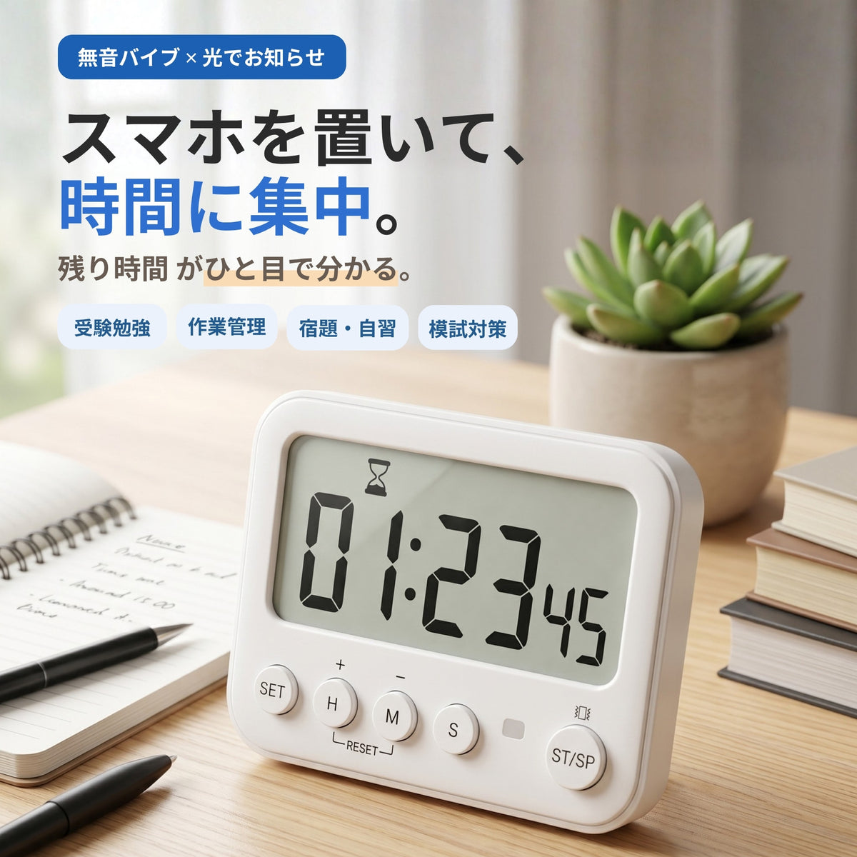 K&Z 学習タイマー 振動 勉強タイマー【図書館で使える無音バイブ】｜最大99時間59分59秒・音／光／振動・時計／カレンダー／2連アラーム対応