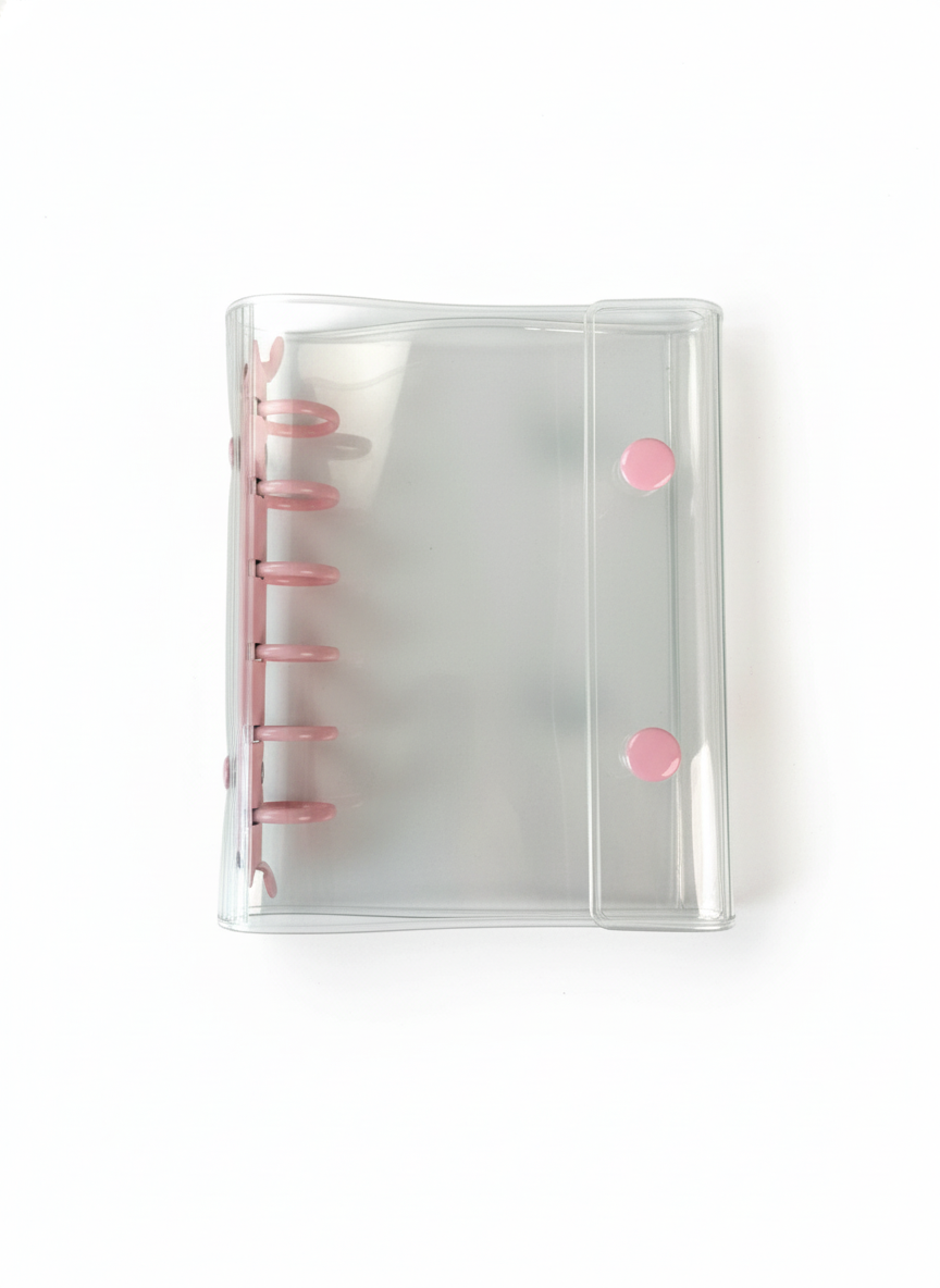 透明 シール帳 A7サイズ ダブルボタン PVCカバー カラフルリング 6穴 ミニ手帳 ノート 学生用 メモ 推し活 コラージュにも